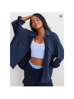 Aerie Waffle Knit Lumberjane Oversized Button-down Shacket Blue Stripe Women XXS